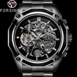 Forining Automatic Mechanical Men Polshipwatch Militaire sport mannelijke klok topmerk luxe zwart stalen skelet nieuwe man kijk 8130 y288Z