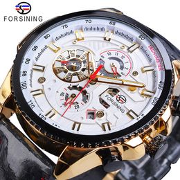 Forsining automatique hommes montre décontracté doré Date polonais noir cuir ceinture mécanique montres étanche horloge Relogio Masculino295w