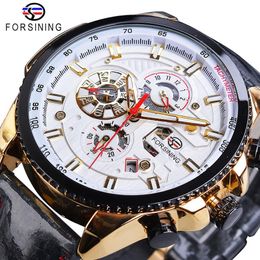 Forsining automatique hommes montre décontracté doré Date polonais noir cuir ceinture montres mécaniques étanche horloge Relogio Masculino229Y