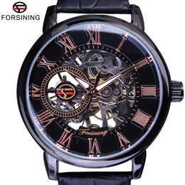 Forsining preto moldura vermelho romano display oco gravura relógios masculino marca superior de luxo relógio esqueleto mecânico relógio pulso2293
