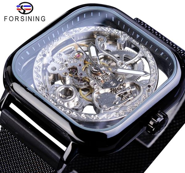 Forsiner Black Square Automatic mécanical Watch Male Business STEAMPUNK Gear Mesh Steel Sprap Sports Watches Relogio Masculino3507806