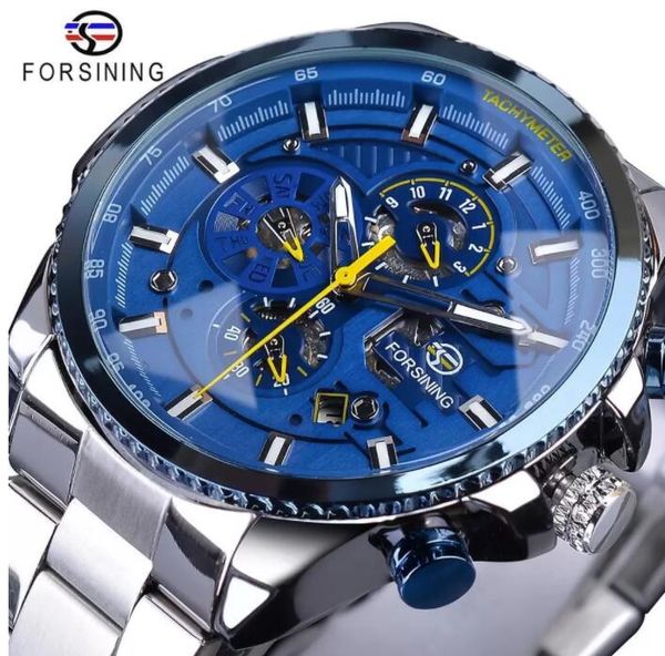 Forsining bleu océan Design argent acier 3 cadran calendrier affichage hommes automatique mécanique Sport montres haut de gamme de luxe