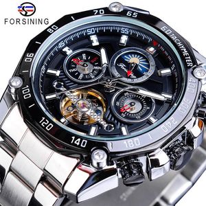 Forsining marque noir mâle montres mécaniques automatique multifonction Tourbillon Phase de lune Date course Sport bracelet en acier Relogio233h