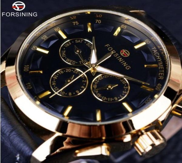 ForsiNing Business Time Series Black Great Leather Strap 3 Dial 6 Hands Men Watches Top Brand Luxury Automatic Watch horloge Men8567885