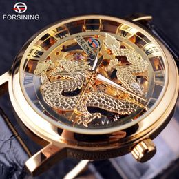 Forsining chinois Dragon squelette conception boîtier transparent montre en or hommes montres Top marque de luxe mécanique mâle montre-bracelet 184g