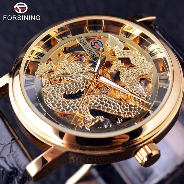 Forsining chinois Dragon squelette conception boîtier transparent montre en or hommes montres haut de gamme de luxe mécanique mâle montre-bracelet 2994