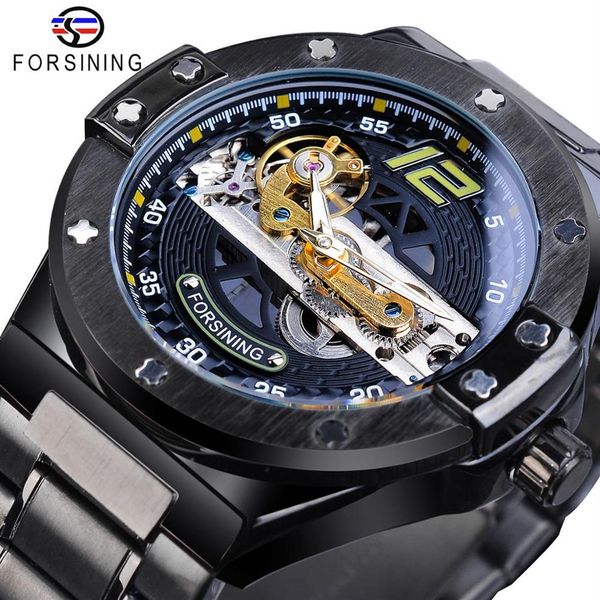 Forsining Classique Pont Montre Mécanique Hommes Noir Automatique Transparent Gear Full Steel Band Racing Mâle Sport Montres Relogio158y