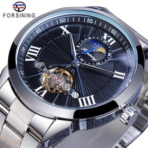 Forsining Klassieke Mannen Tourbillon Mechanisch Horloge Modemerk Zwart Moonphase Business Stalen Band Automatische Klok Reloj Hombre272k