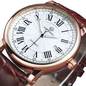 Forining Classic Retro Automatic Mens Watch Rose Gold Case Kalender Luxuremerk Bruin lederen riem Business Mechanical Watches 240407