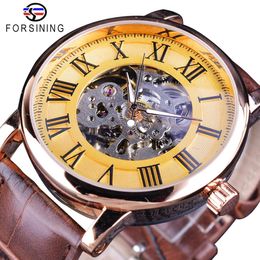 Forsining Classique Rétro Design Squelette Doré Chiffre Romain En Cuir Marron Hommes Montre Mécanique Top Marque De Luxe Automatique Watch2019