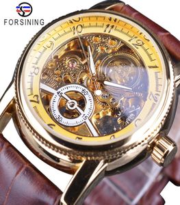 Forsining Classic Royal Retro Series Golden Case Hollow Skeleton Dial Brown Leather Mens Automatic Watch Top Brand Luxury5432223