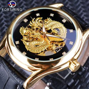Forsining diamant Dragon affichage doré squelette lumineux main hommes montre noir en cuir véritable étanche montre mécanique Clock3085
