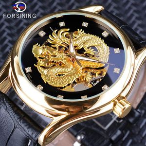 Forsining Diamond Dragon Display Golden Skeleton Hand Mano Manos Mira el reloj mecánico impermeable de cuero negro genuino 261O