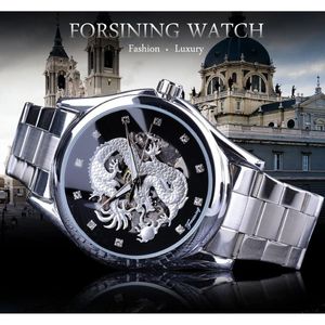 Forsining Diamond Montre Design Plata Inoxidable Automático Dragon Display Hombres Homme Relojes de lujo Marca de pulsera Classic Top Steel H283U