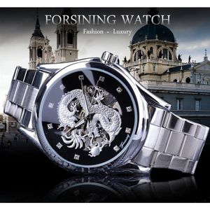 FORSINING Diamond Montre Design Silver roestvrijstalen automatische Dragon Display Men Homme Luxe horloges Polsmerk klassiek Top Steel H338Q