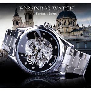 Forsining Diamond Montre Design Argent Inoxydable Automatique Dragon Affichage Hommes Homme Montres De Luxe Poignet Marque Classique Top Acier H1981