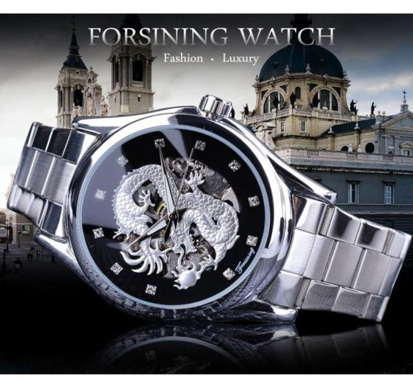 Forsining Diamond Montre Design Silver Stailing Increy Dragon Display Men Homme Watches Luxury Wrist Brand Classic Steel H2591857