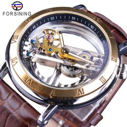 Forsining doppio lato trasparente in pelle marrone impermeabile automatico orologi da uomo orologio da polso creativo scheletrato di lusso di marca superiore284N