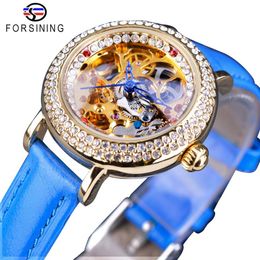 Forsining moda azul señora diamante oro flor movimiento transparente pequeña señora mujer mecánico esqueleto reloj de marca superior Luxury265q