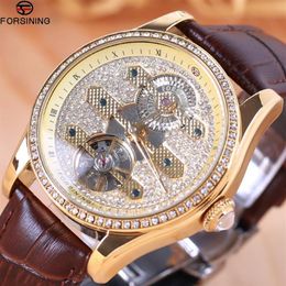 Forsiner Fashion Diamond Tourbillion Afficher brun en cuir authentique eau Résister aux hommes Regardez les montres-bracelets automatiques TOP316E