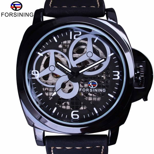 Forsining montre noire complète boîtier squelette moulin à vent Designer bracelet en daim montre militaire hommes montre Top marque de luxe automatique poignet W254Z