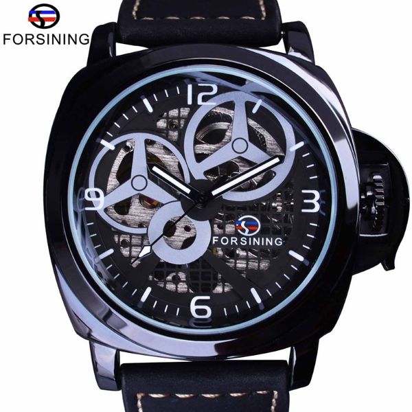 Forsining montre noire complète boîtier squelette moulin à vent Designer bracelet en daim montre militaire hommes montre Top marque de luxe automatique poignet W259R