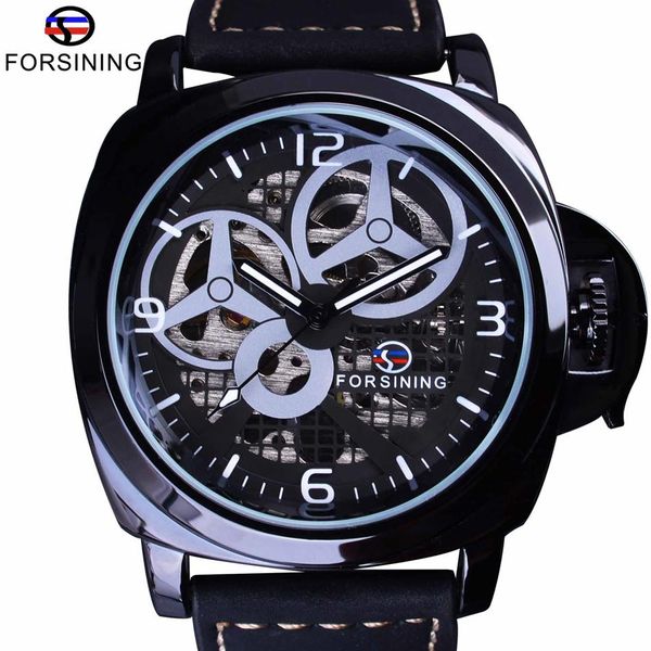 Forsining montre noire complète boîtier squelette moulin à vent Designer bracelet en daim montre militaire hommes montre Top marque de luxe automatique poignet W339w