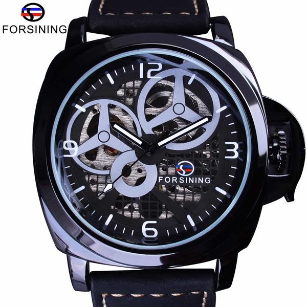 Forsining Full Black watch Skeleton Case Windmill Designer Suede Strap Military Watch Men Watch Top Brand Luxury Automatic Wrist W282h