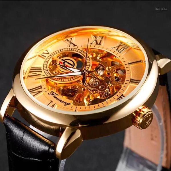 FORSINING boîtier doré luxe hommes Rome numéro affichage montres mécaniques mâle cadran noir bracelet en cuir décontracté main vent montre