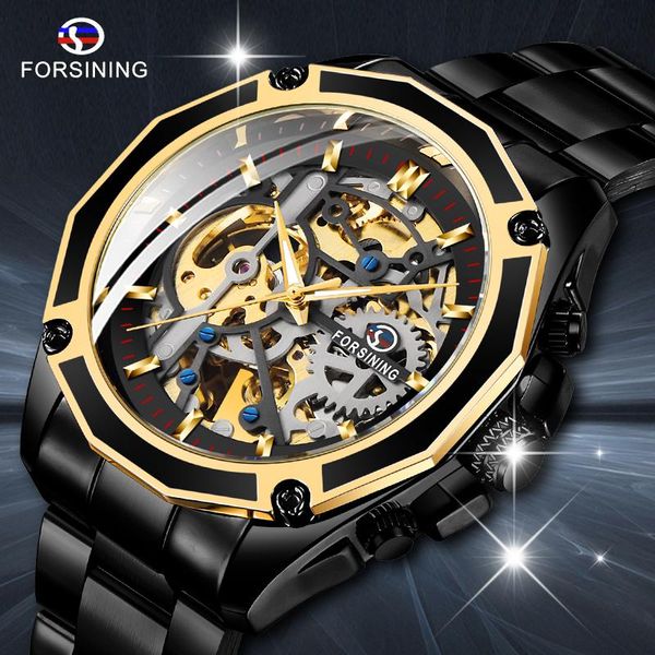 Forsining Golden Gear Openwork Steampunk Racing Sport Diseño militar Reloj de esqueleto mecánico resistente al agua para hombre Relojes de pulsera de primeras marcas