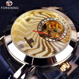 Forsining Golden Luxury Corrugated Designer Mens Watches Top Brand Automatic Luxury Small Diamond Display Skeleton Watch Box 266J