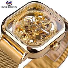 Forsining Golden Men Automatisch Horloge Vierkant Skeleton Mesh Stalen Band Mechanische Zakelijke Klok Relogio Masculino Erkek Kol Saati273R