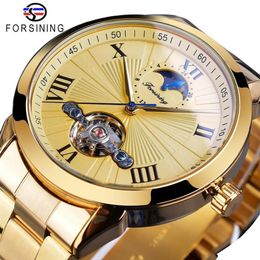 Forsining золотые мужские механические наручные часы с 3D циферблатом, автоматический турбийон с фазой луны, полностью стальные большие часы Relogio Masculino198k