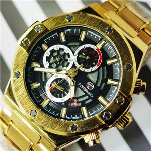 Forsining Golden Men's Mechanical Automatic Watch Racing Car Design 3 Sub Dial Date Montre-bracelet militaire Horloge Relogio Masculino Q0902