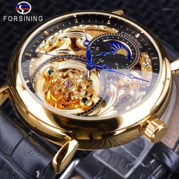 Forsining gouden skelet klok mannelijke maan fase mode blauwe handen waterdichte mannen automatische horloges top1
