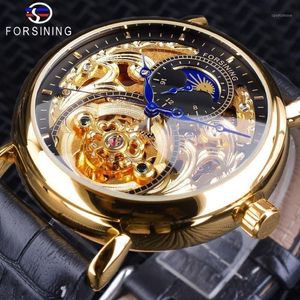 Forsining Gouden Skeleton Klok Mannelijke Maanfase Mode Blauwe Handen Waterdichte heren Automatische Horloges Top11910