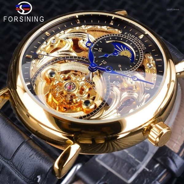 Reloj Forsining con esqueleto dorado para hombre, fase lunar, moda, manecillas azules, relojes automáticos resistentes al agua para hombre Top1200a