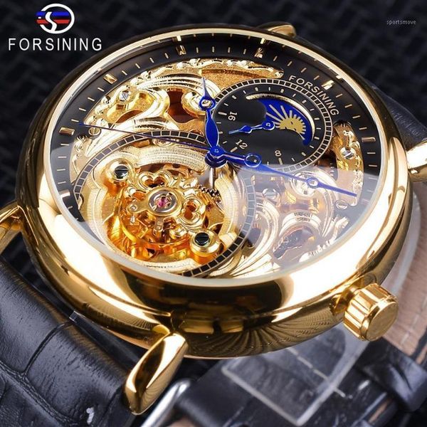 Reloj Forsining con esqueleto dorado para hombre, fase lunar, moda, manecillas azules, relojes automáticos resistentes al agua para hombre Top13408