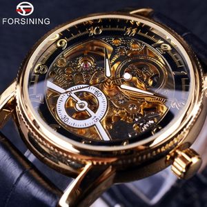 Forsining, relojes automáticos con grabado hueco de esqueleto, diseñador informal, caja dorada negra, bisel de engranaje, relojes de marca de lujo para hombres, 328s