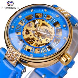 Forsining – montre-bracelet mécanique automatique pour femmes, marque de luxe, mode, boîtier doré, squelette, horloge, bleu, cuir véritable, 261P