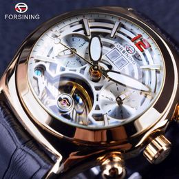 Forsining Legend Tourbillion Series Diseño de vidrio 3D Reloj de cuero genuino para hombre Reloj de lujo de primeras marcas Reloj de pulsera automático para hombre 312S