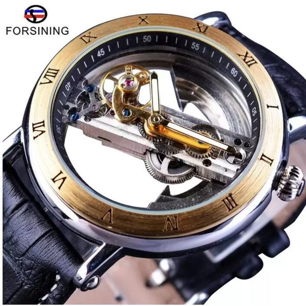 Forsining lujo Steampunk hombres esqueleto reloj regalo impermeable automático reloj de pulsera minimalismo correa de cuero reloj transparente