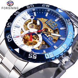 ForsiNing Mechanical Mens Watch Top Brand Luxury Automatic Man Watch en acier inoxydable Squelette Blue Calle Bleu Imperproof Casual Horloge 287W