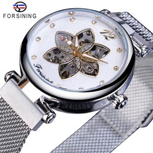 Forsining mécanique montre pour femme étanche automatique horloge décontractée argent maille lumineuse main mince diamant mode dames Watch2949