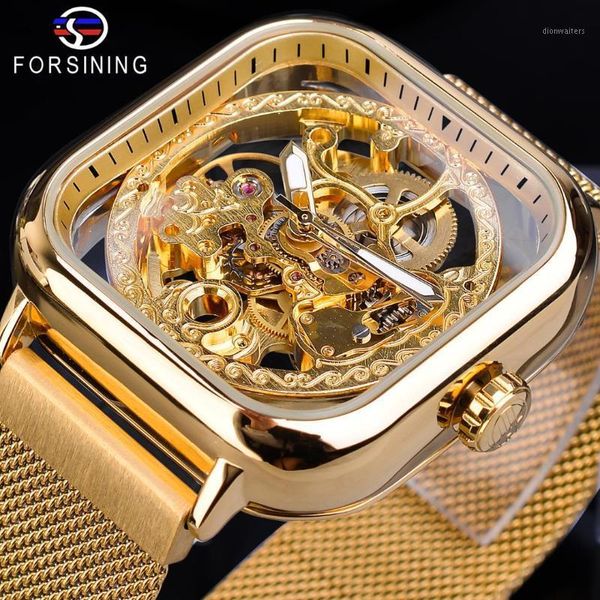 Forsining hommes montres mécaniques automatique auto-vent doré Transparent mode maille acier montre-bracelet squelette homme mâle chaud Hour1