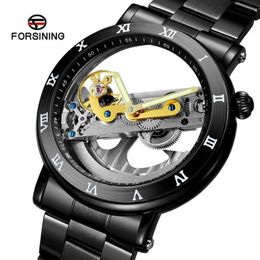 Forsining, relojes mecánicos automáticos con esqueleto para hombre, relojes de acero inoxidable transparentes de doble cara para hombre, reloj luminoso a la moda 2543