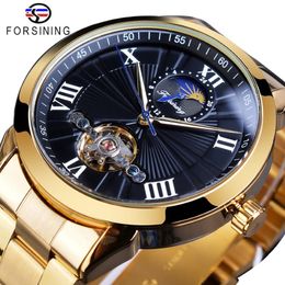 Forsining Hommes En Acier Inoxydable Tourbillion Conception Noir Phase De Lune Cadran Hommes Automatique Mécanique Montres Top Marque Luxury233w