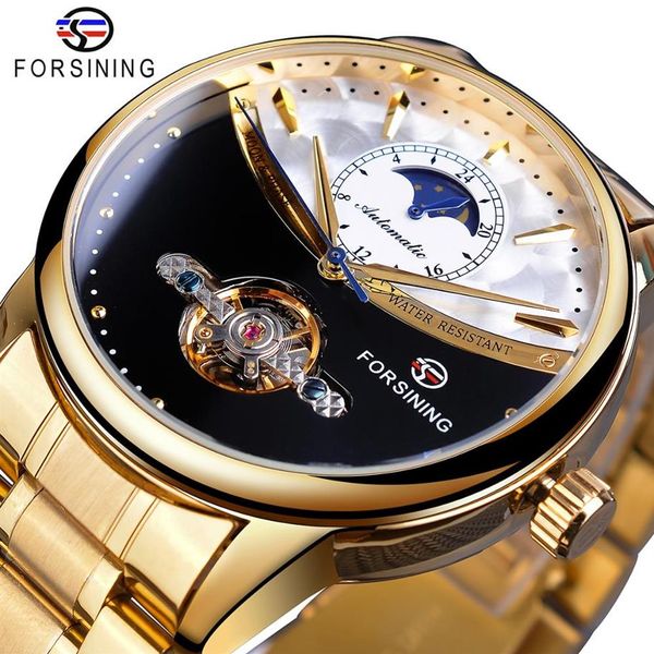 Forsining hommes montre automatique doré soleil lune Phase acier bande Tourbillon noir blanc visage affaires mécanique Reloj Hombre 2019206Y