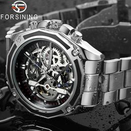 Forsining Hommes Montre En Acier Inoxydable Militaire Sport Montre-Bracelet Squelette Automatique Mécanique Mâle Horloge Relogio Masculino 0609 Y190225Q