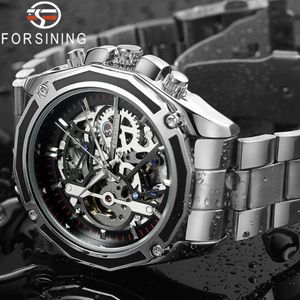 Forsining Herenhorloge Roestvrij staal Militair Sporthorloge Skeleton Automatisch mechanisch Herenklok Relogio Masculino 0609 Y190274O